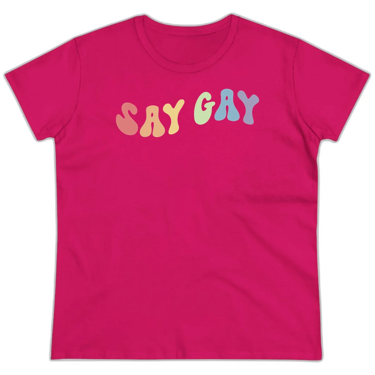 Colorful bubble letters spelling SAY GAY in rainbow pride colors: red, peach, yellow, green, blue, and purple on gray background in Heliconia