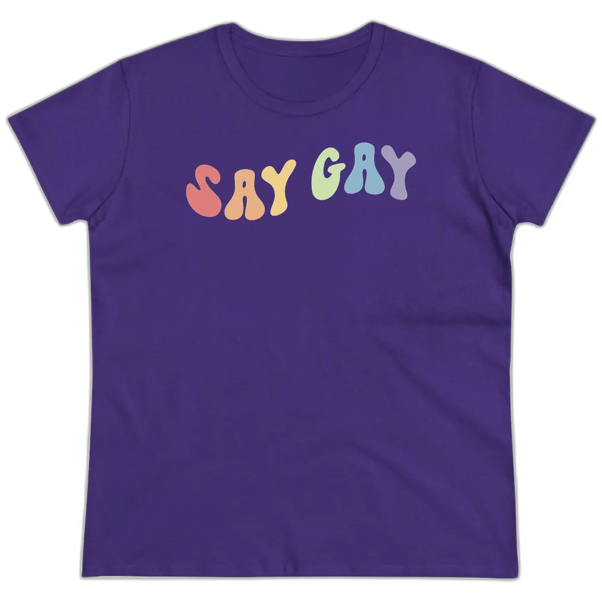Colorful bubble letters spelling SAY GAY in rainbow pride colors: red, peach, yellow, green, blue, and purple on gray background in Purple