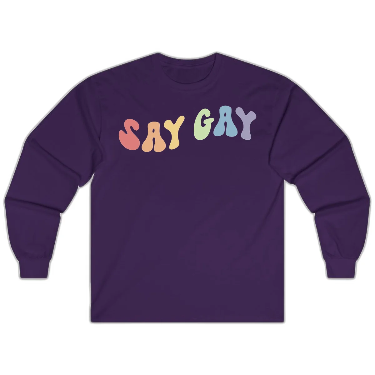 Colorful bubble letters spelling SAY GAY in rainbow pride colors: red, peach, yellow, green, blue, and purple on gray background in Purple