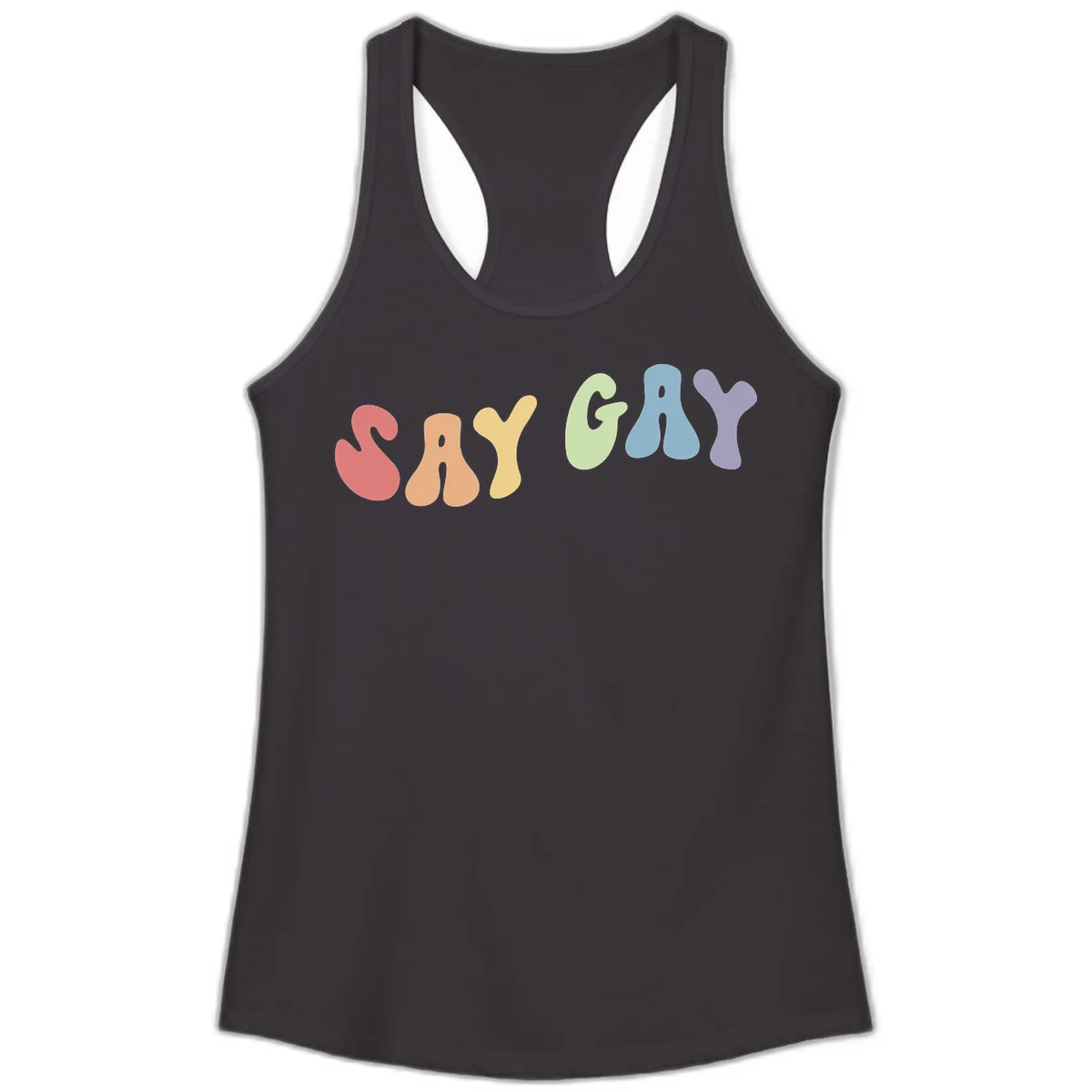 Colorful bubble letters spelling SAY GAY in rainbow pride colors: red, peach, yellow, green, blue, and purple on gray background in Black