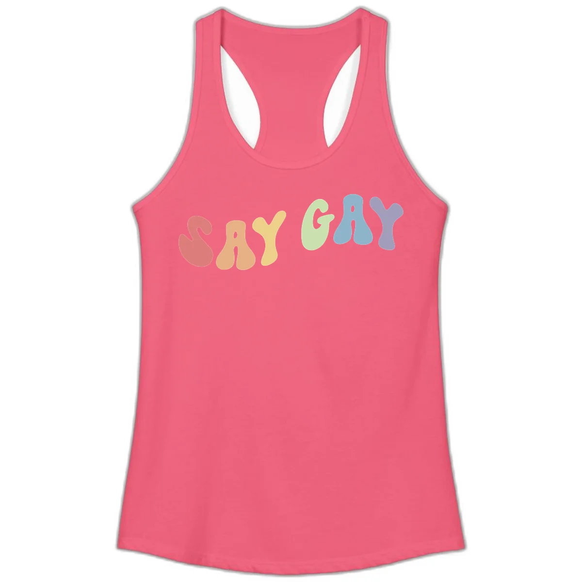 Colorful bubble letters spelling SAY GAY in rainbow pride colors: red, peach, yellow, green, blue, and purple on gray background in Hot Pink