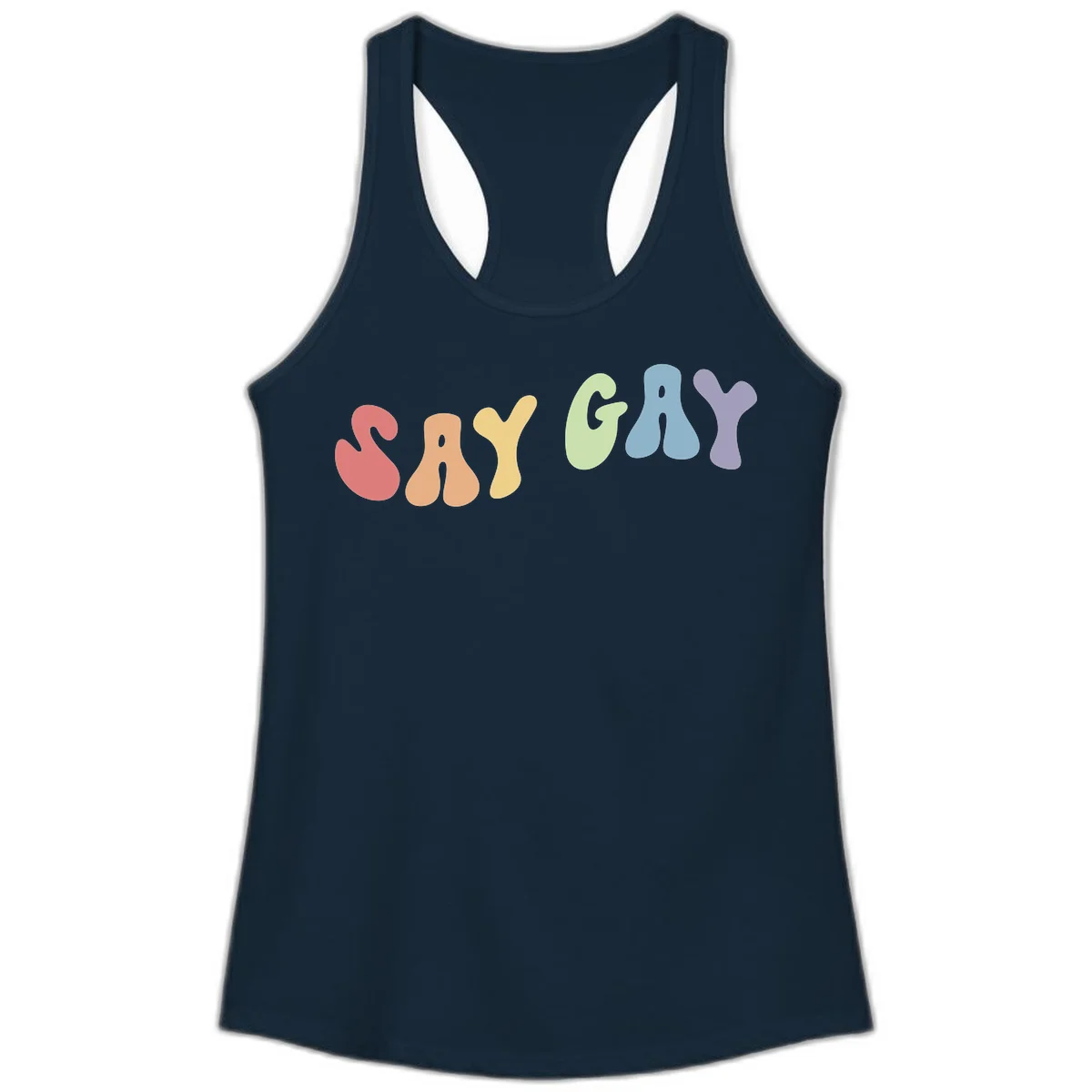 Colorful bubble letters spelling SAY GAY in rainbow pride colors: red, peach, yellow, green, blue, and purple on gray background in Solid Midnight Navy