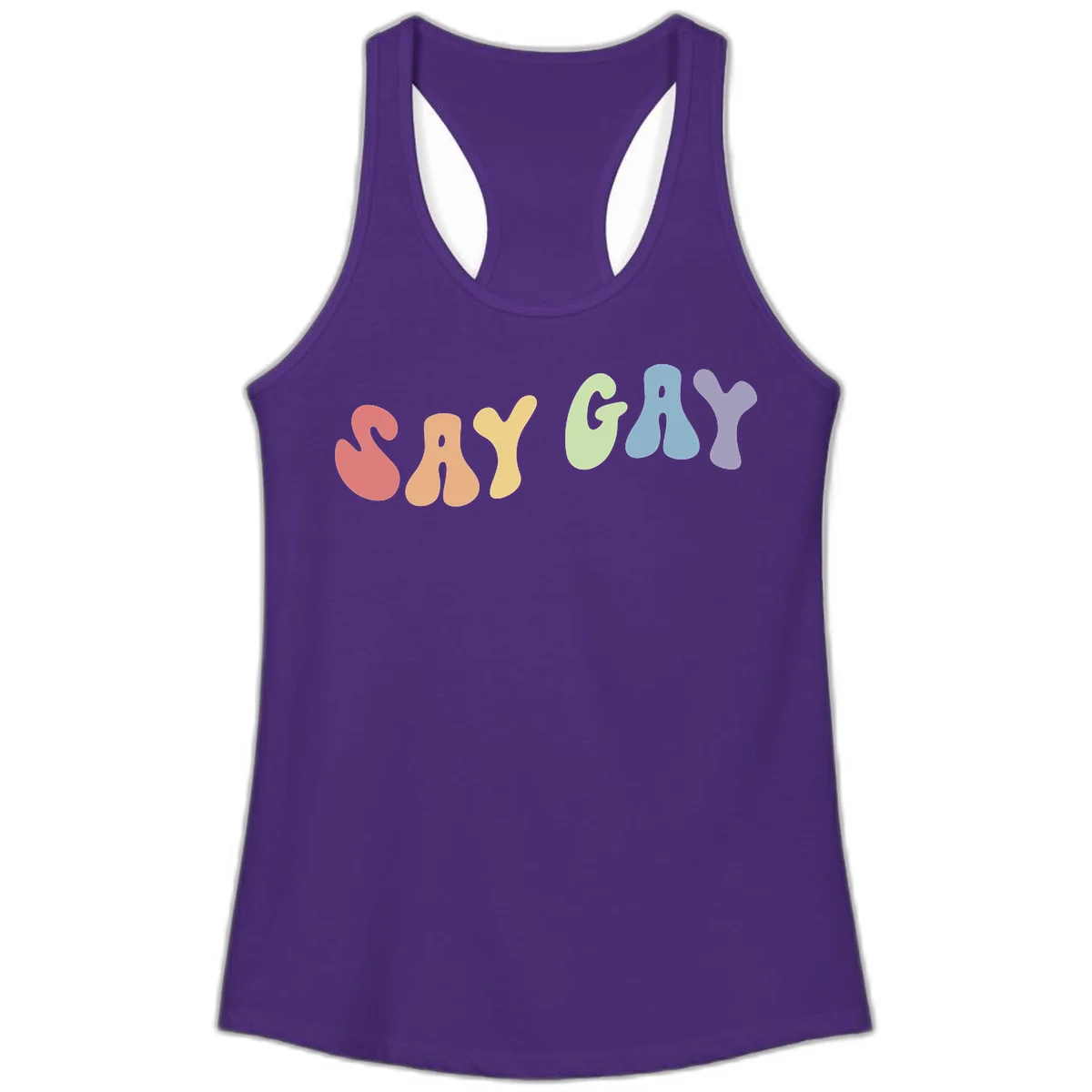 Colorful bubble letters spelling SAY GAY in rainbow pride colors: red, peach, yellow, green, blue, and purple on gray background in Solid Purple Rush