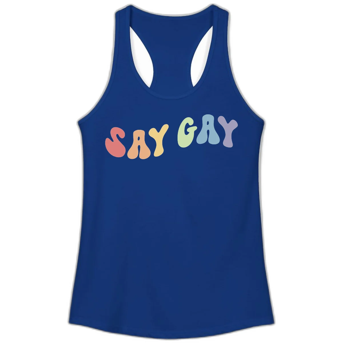 Colorful bubble letters spelling SAY GAY in rainbow pride colors: red, peach, yellow, green, blue, and purple on gray background in Solid Royal