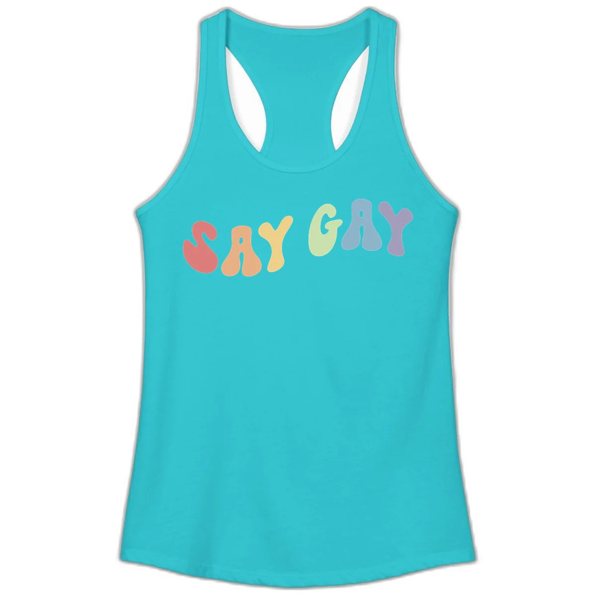 Colorful bubble letters spelling SAY GAY in rainbow pride colors: red, peach, yellow, green, blue, and purple on gray background in Solid Tahiti Blue