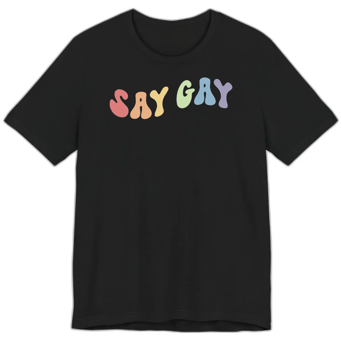 Colorful bubble letters spelling SAY GAY in rainbow pride colors: red, peach, yellow, green, blue, and purple on gray background in Black