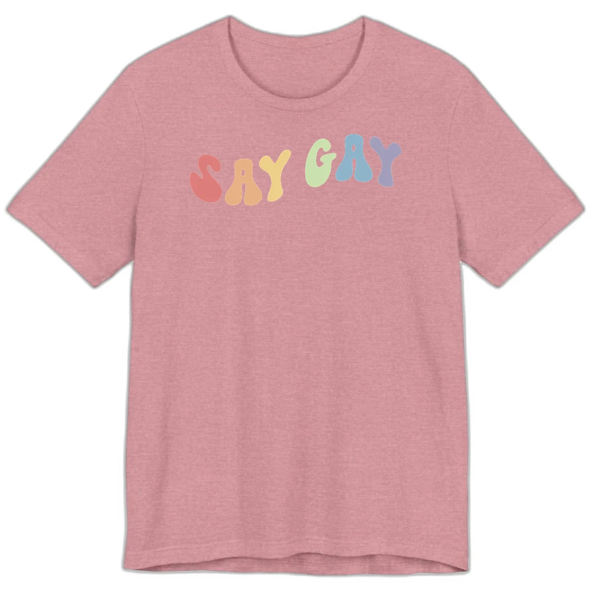 Colorful bubble letters spelling SAY GAY in rainbow pride colors: red, peach, yellow, green, blue, and purple on gray background in Heather Orchid