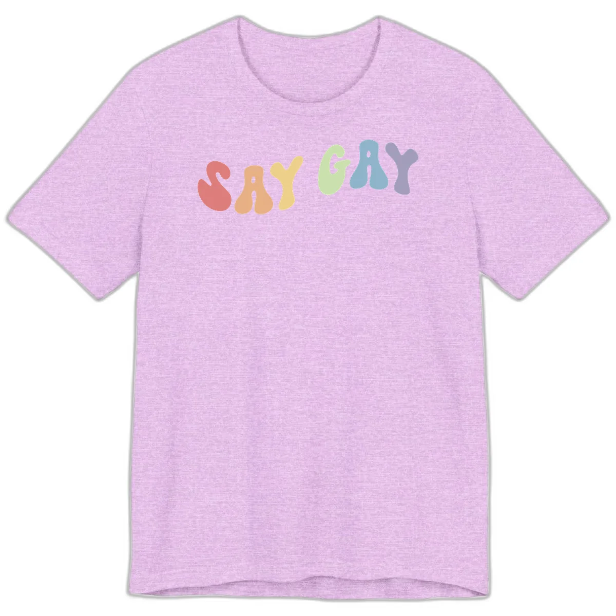 Colorful bubble letters spelling SAY GAY in rainbow pride colors: red, peach, yellow, green, blue, and purple on gray background in Heather Prism Lilac