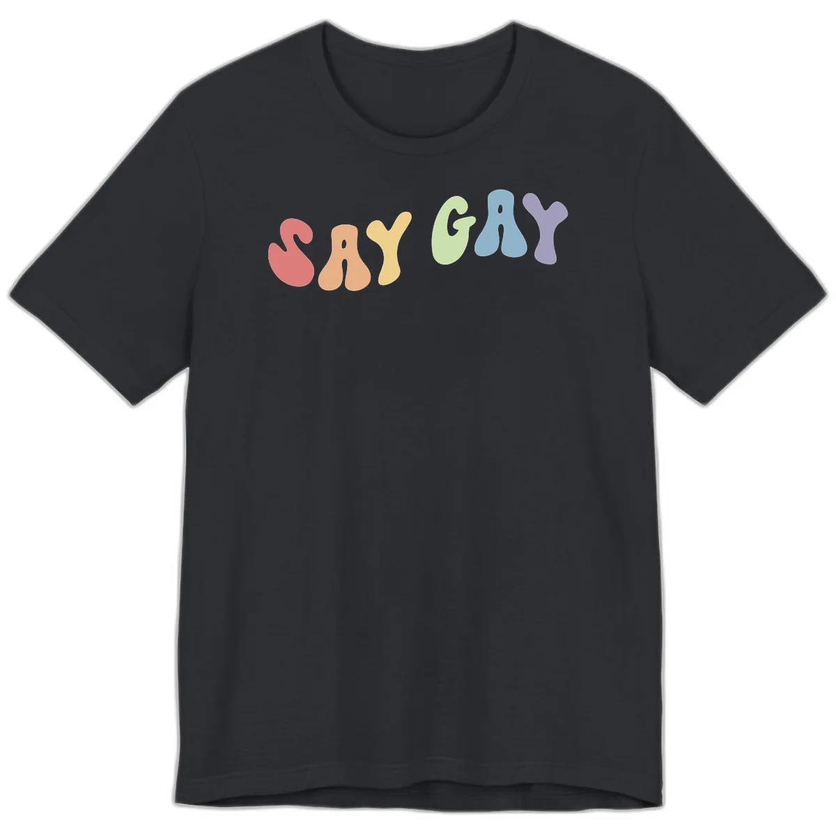Colorful bubble letters spelling SAY GAY in rainbow pride colors: red, peach, yellow, green, blue, and purple on gray background in Vintage Black