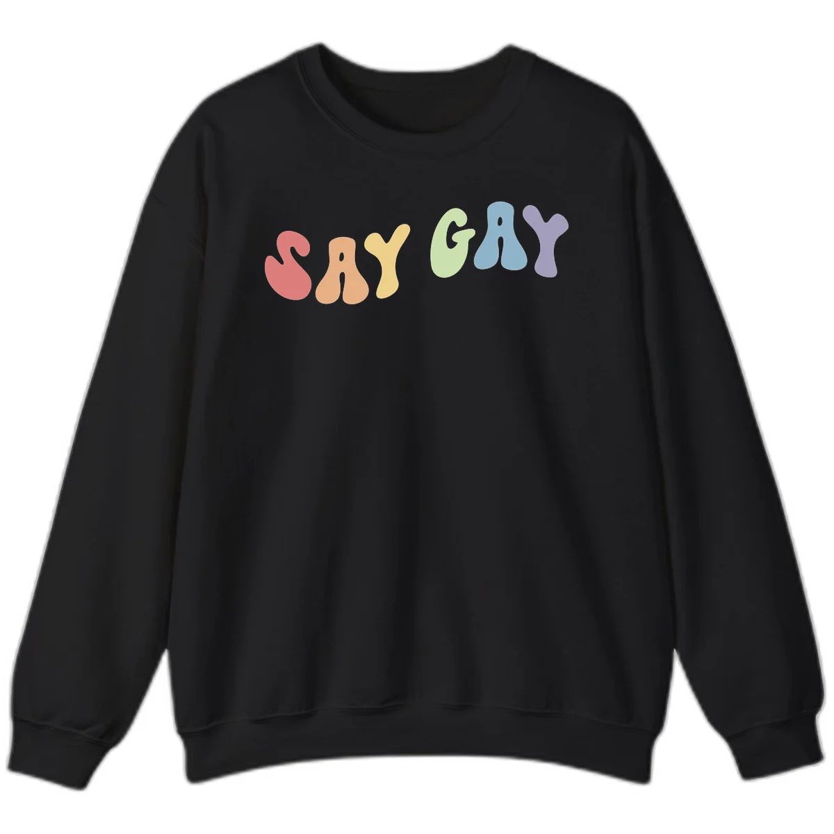 Colorful bubble letters spelling SAY GAY in rainbow pride colors: red, peach, yellow, green, blue, and purple on gray background in Black