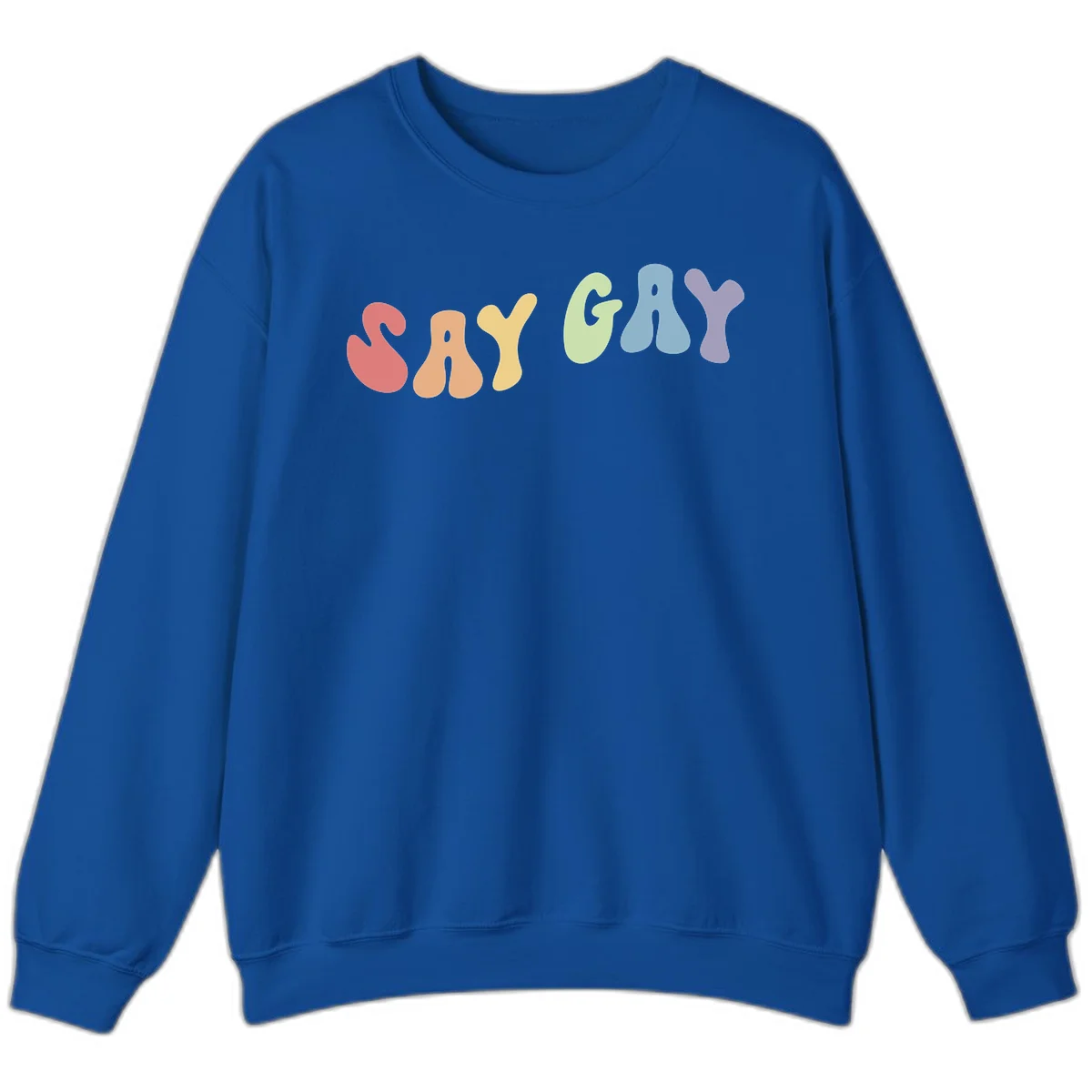Colorful bubble letters spelling SAY GAY in rainbow pride colors: red, peach, yellow, green, blue, and purple on gray background in Royal