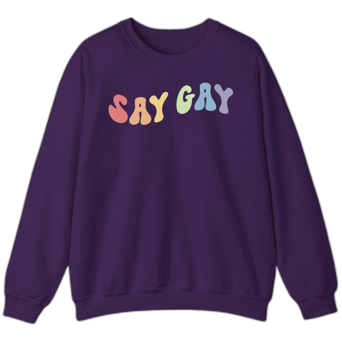 Colorful bubble letters spelling SAY GAY in rainbow pride colors: red, peach, yellow, green, blue, and purple on gray background in Purple