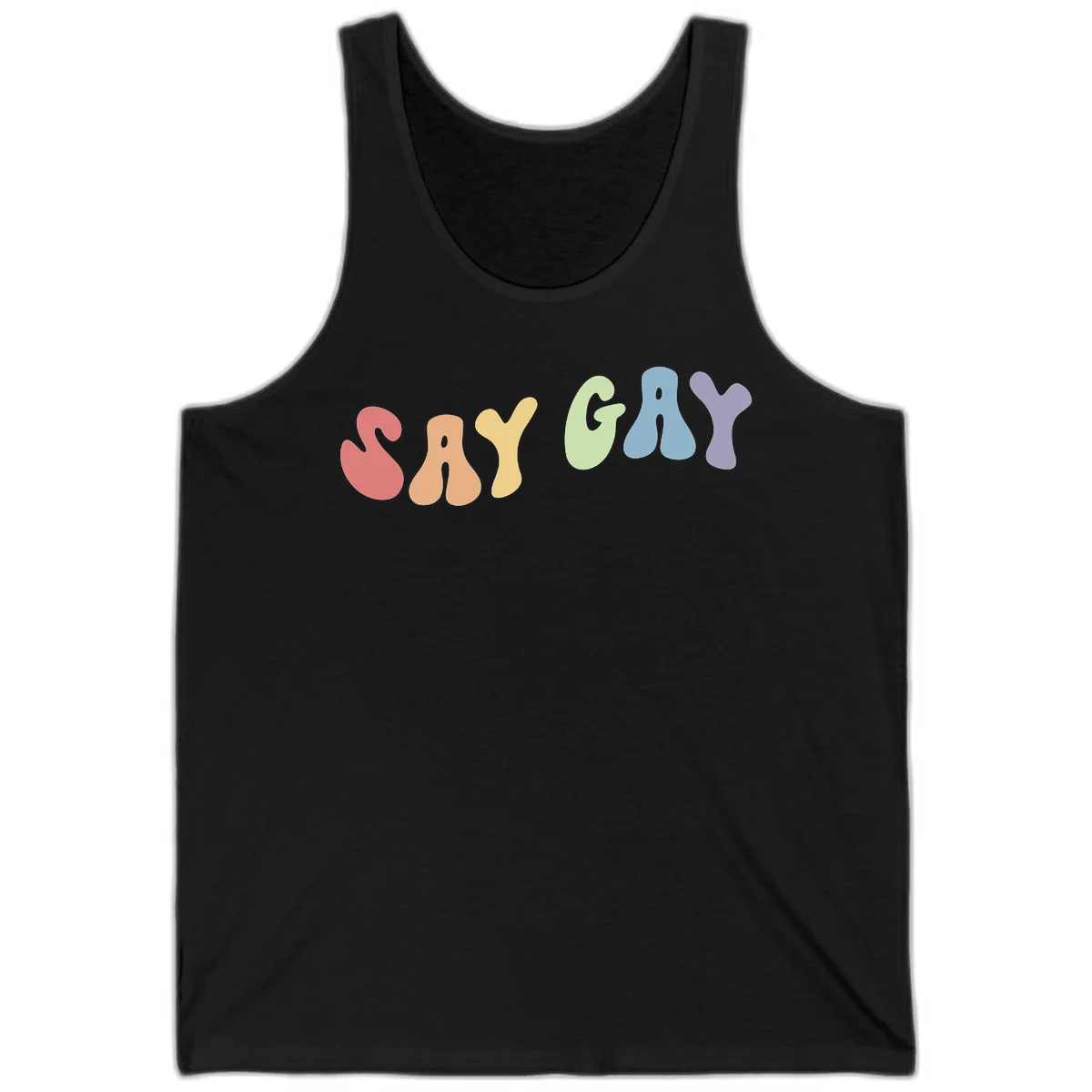Colorful bubble letters spelling SAY GAY in rainbow pride colors: red, peach, yellow, green, blue, and purple on gray background in Black