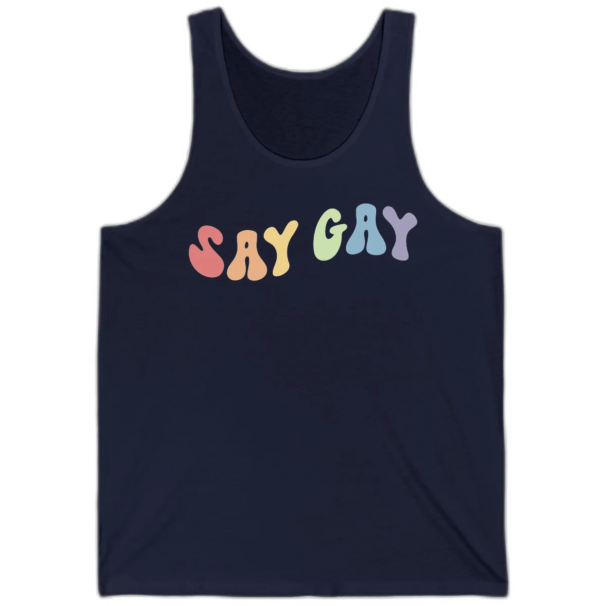Colorful bubble letters spelling SAY GAY in rainbow pride colors: red, peach, yellow, green, blue, and purple on gray background in Navy