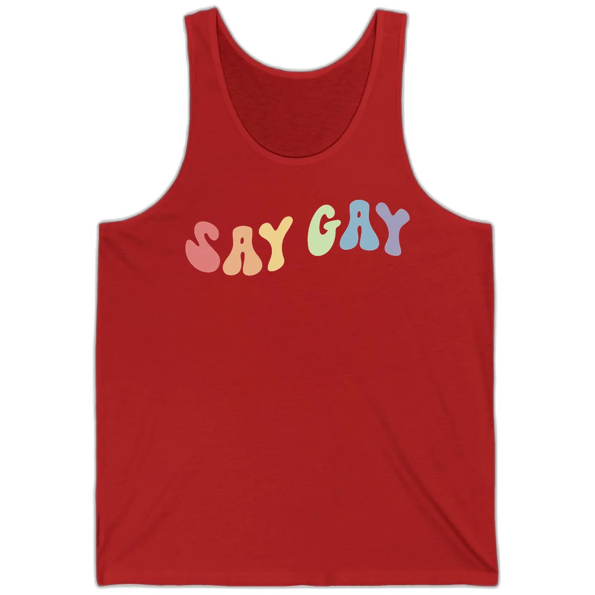 Colorful bubble letters spelling SAY GAY in rainbow pride colors: red, peach, yellow, green, blue, and purple on gray background in Red
