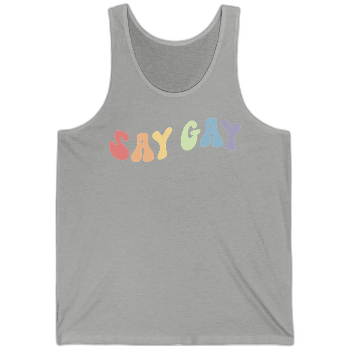 Colorful bubble letters spelling SAY GAY in rainbow pride colors: red, peach, yellow, green, blue, and purple on gray background in Athletic Heather