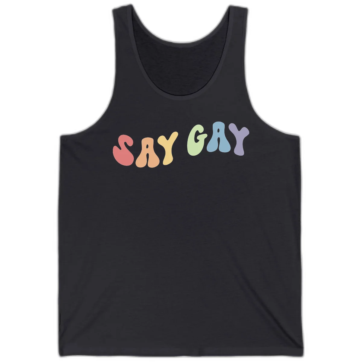 Colorful bubble letters spelling SAY GAY in rainbow pride colors: red, peach, yellow, green, blue, and purple on gray background in Dark Grey