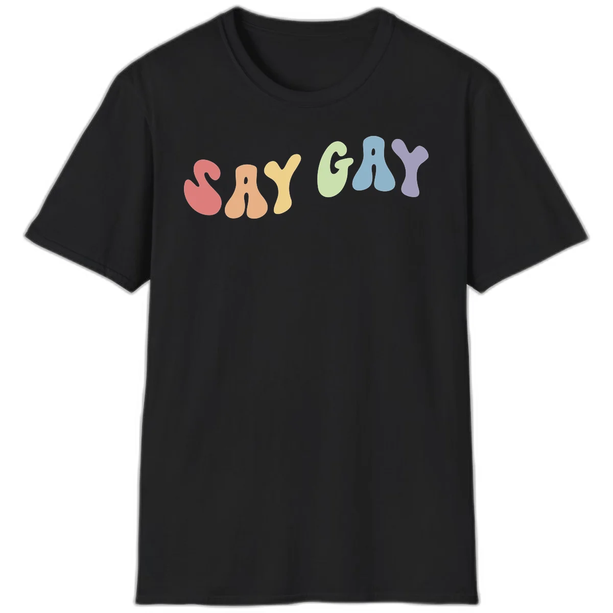 Colorful bubble letters spelling SAY GAY in rainbow pride colors: red, peach, yellow, green, blue, and purple on gray background in Black