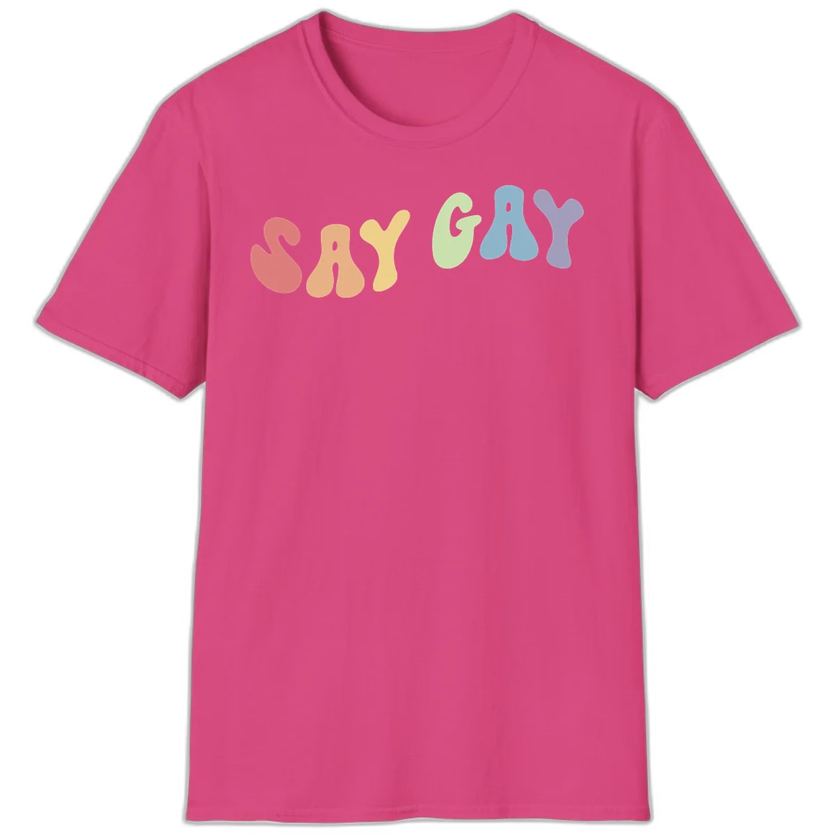 Colorful bubble letters spelling SAY GAY in rainbow pride colors: red, peach, yellow, green, blue, and purple on gray background in Heliconia