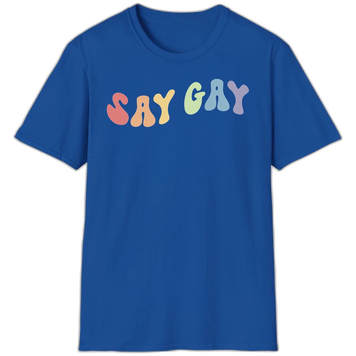 Colorful bubble letters spelling SAY GAY in rainbow pride colors: red, peach, yellow, green, blue, and purple on gray background in Royal