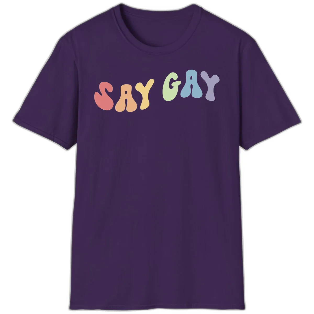 Colorful bubble letters spelling SAY GAY in rainbow pride colors: red, peach, yellow, green, blue, and purple on gray background in Purple