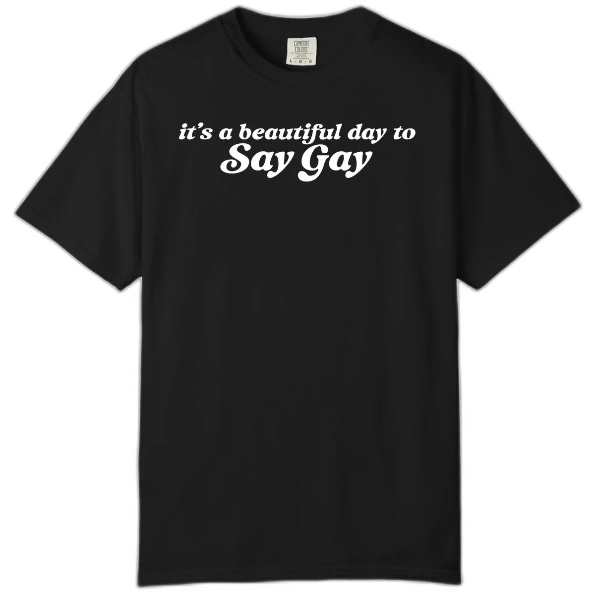 White italic text reading 'it's a beautiful day to Say Gay' on gray background, beautiful-day-say-gay pride design in Black