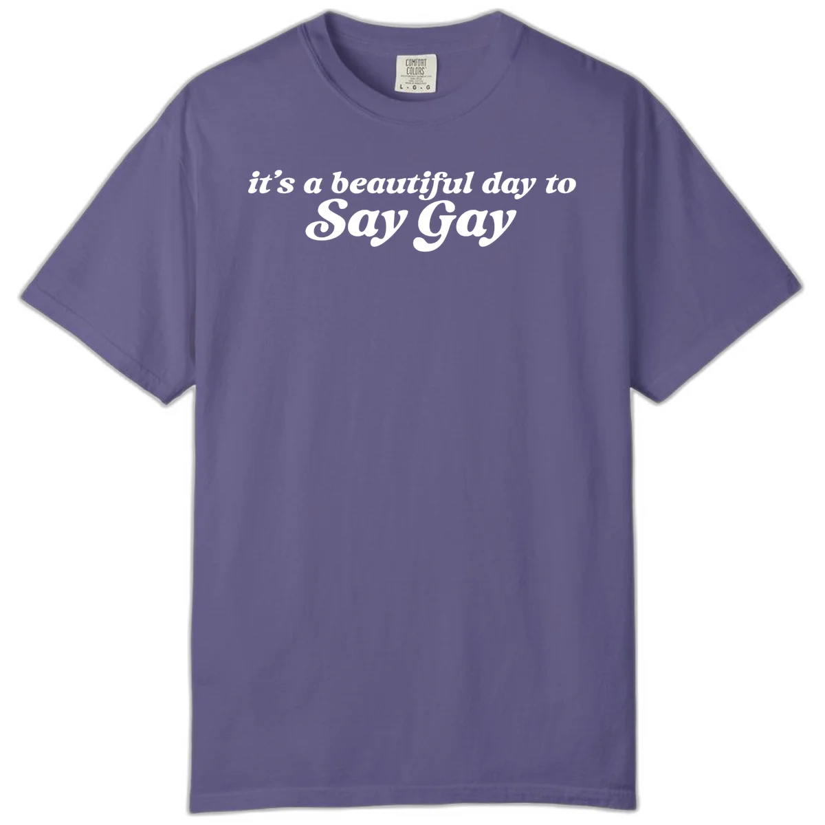 White italic text reading 'it's a beautiful day to Say Gay' on gray background, beautiful-day-say-gay pride design in Grape