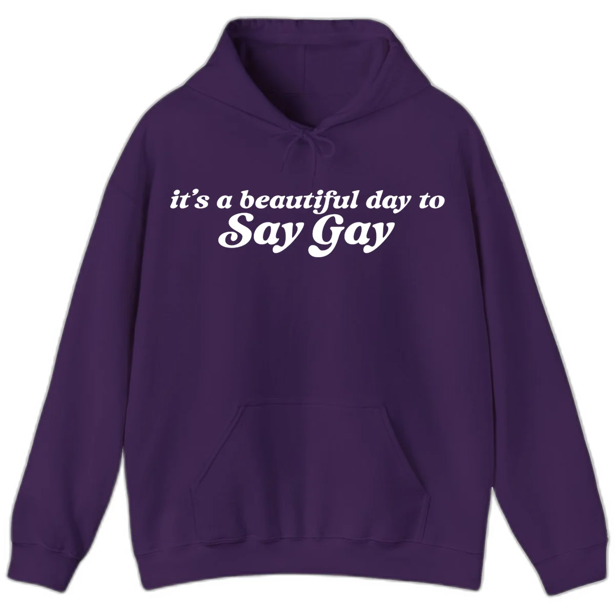 White italic text reading 'it's a beautiful day to Say Gay' on gray background, beautiful-day-say-gay pride design in Purple