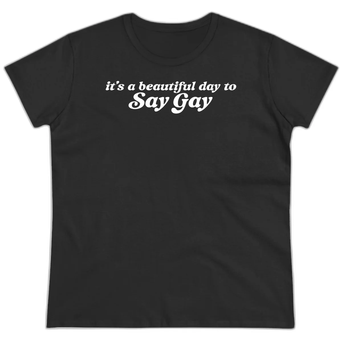 White italic text reading 'it's a beautiful day to Say Gay' on gray background, beautiful-day-say-gay pride design in Black