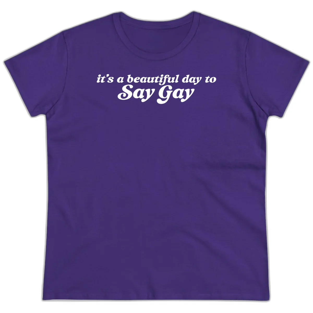 White italic text reading 'it's a beautiful day to Say Gay' on gray background, beautiful-day-say-gay pride design in Purple