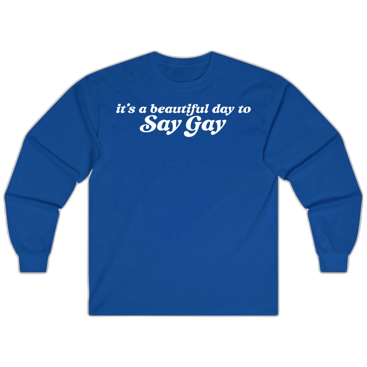 White italic text reading 'it's a beautiful day to Say Gay' on gray background, beautiful-day-say-gay pride design in Royal