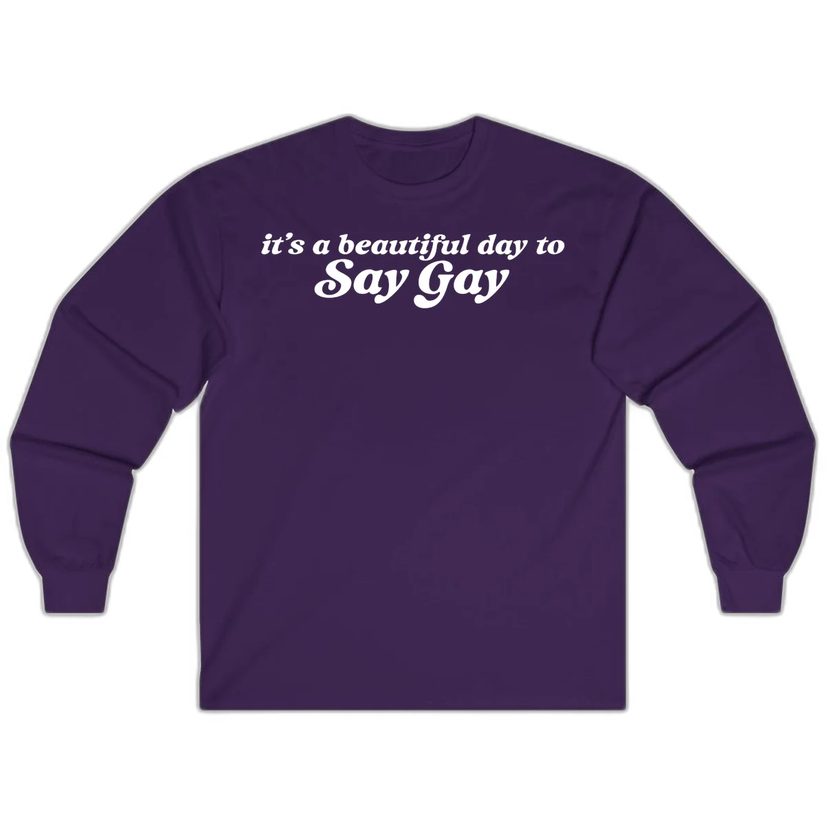 White italic text reading 'it's a beautiful day to Say Gay' on gray background, beautiful-day-say-gay pride design in Purple