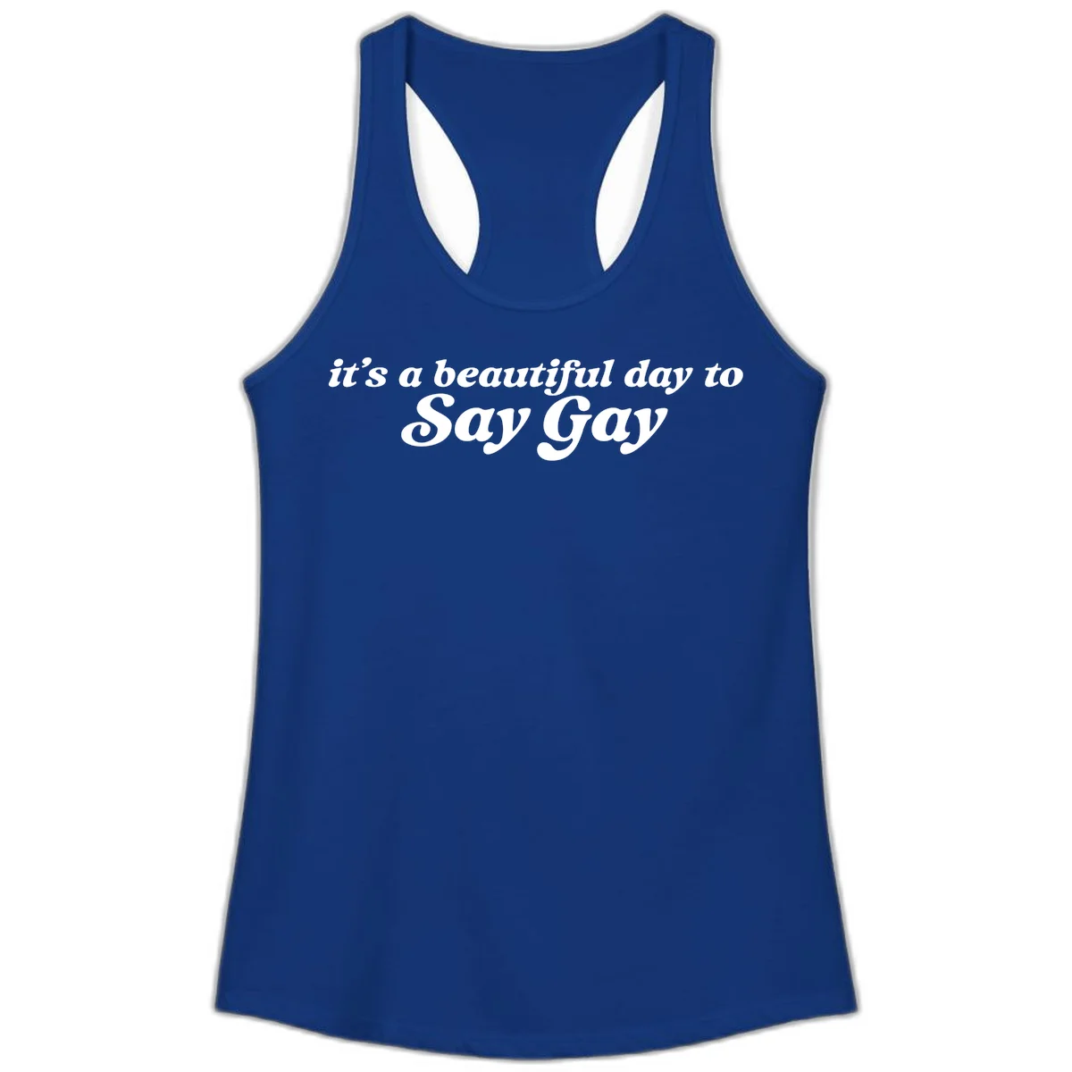 White italic text reading 'it's a beautiful day to Say Gay' on gray background, beautiful-day-say-gay pride design in Solid Royal