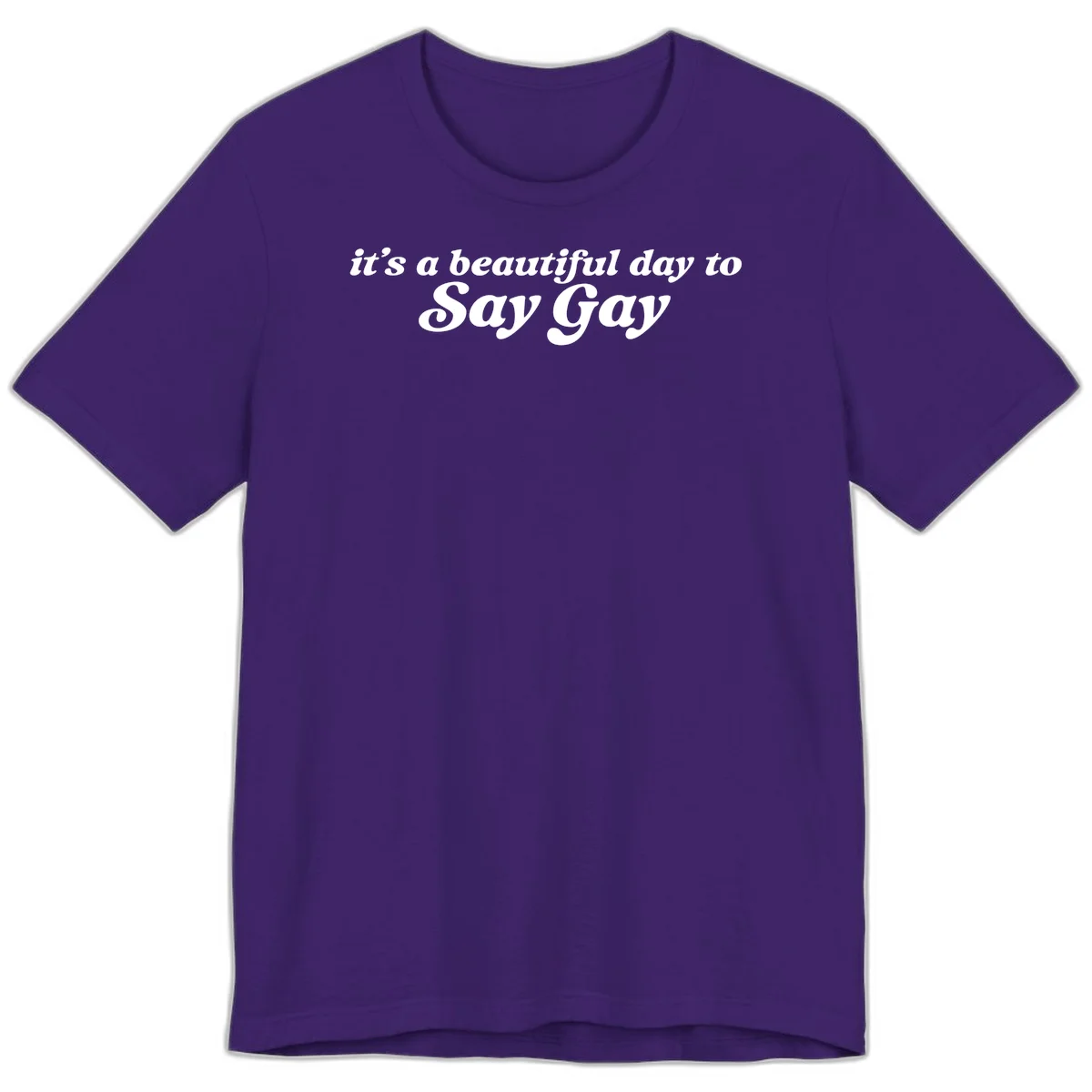 White italic text reading 'it's a beautiful day to Say Gay' on gray background, beautiful-day-say-gay pride design in Team Purple
