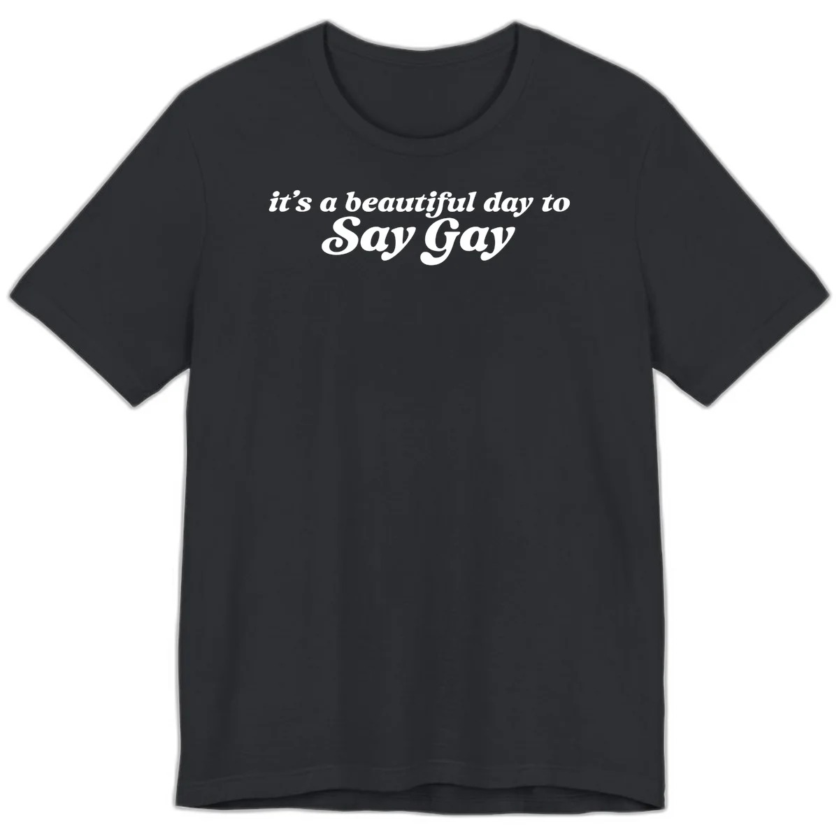 White italic text reading 'it's a beautiful day to Say Gay' on gray background, beautiful-day-say-gay pride design in Vintage Black