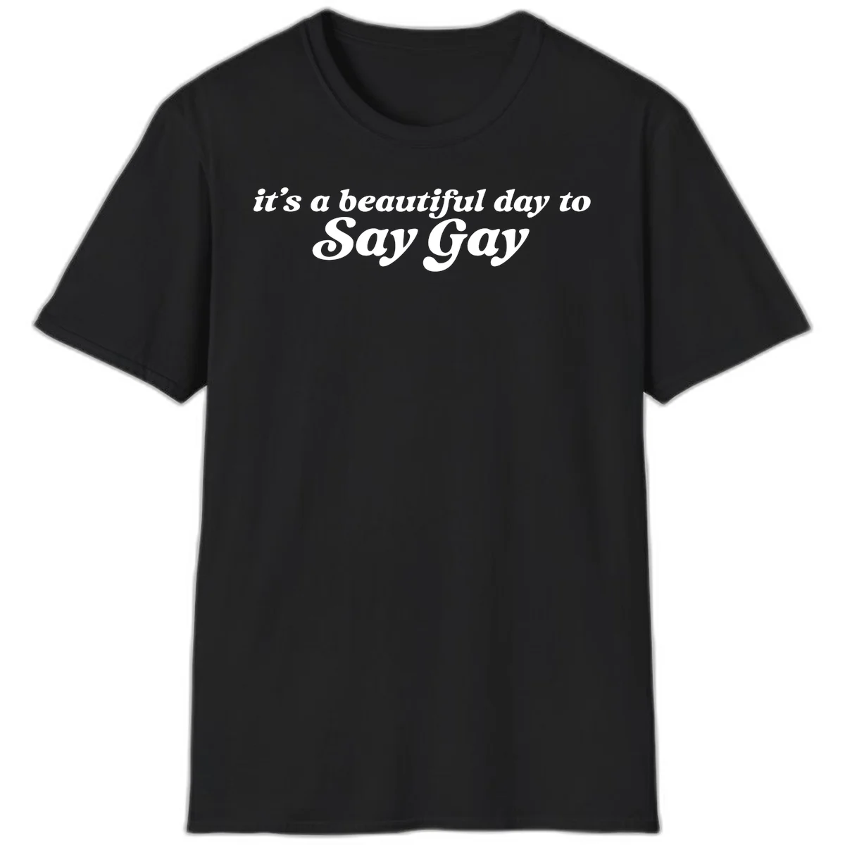 White italic text reading 'it's a beautiful day to Say Gay' on gray background, beautiful-day-say-gay pride design in Black