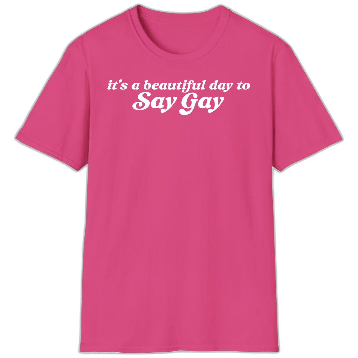 White italic text reading 'it's a beautiful day to Say Gay' on gray background, beautiful-day-say-gay pride design in Heliconia