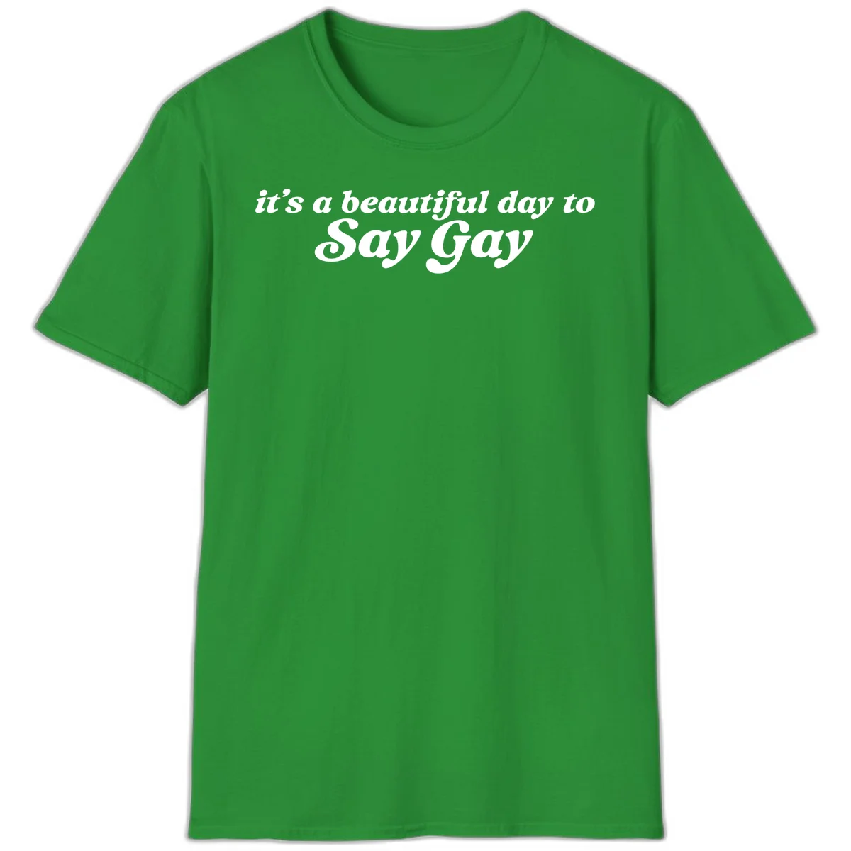 White italic text reading 'it's a beautiful day to Say Gay' on gray background, beautiful-day-say-gay pride design in Irish Green