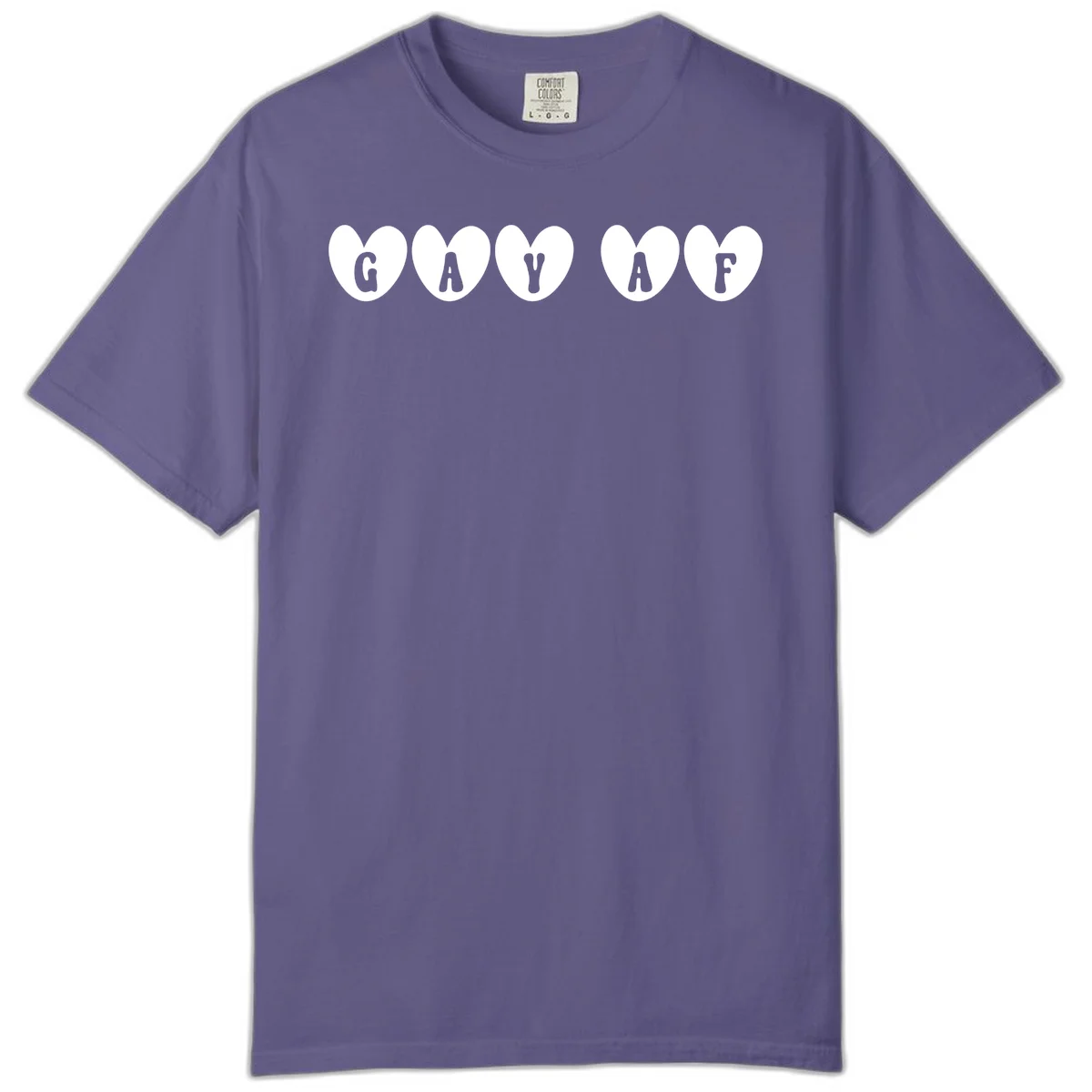 Five white hearts on gray background spelling GAY AF with bold letters - gay af pride hearts design in Grape