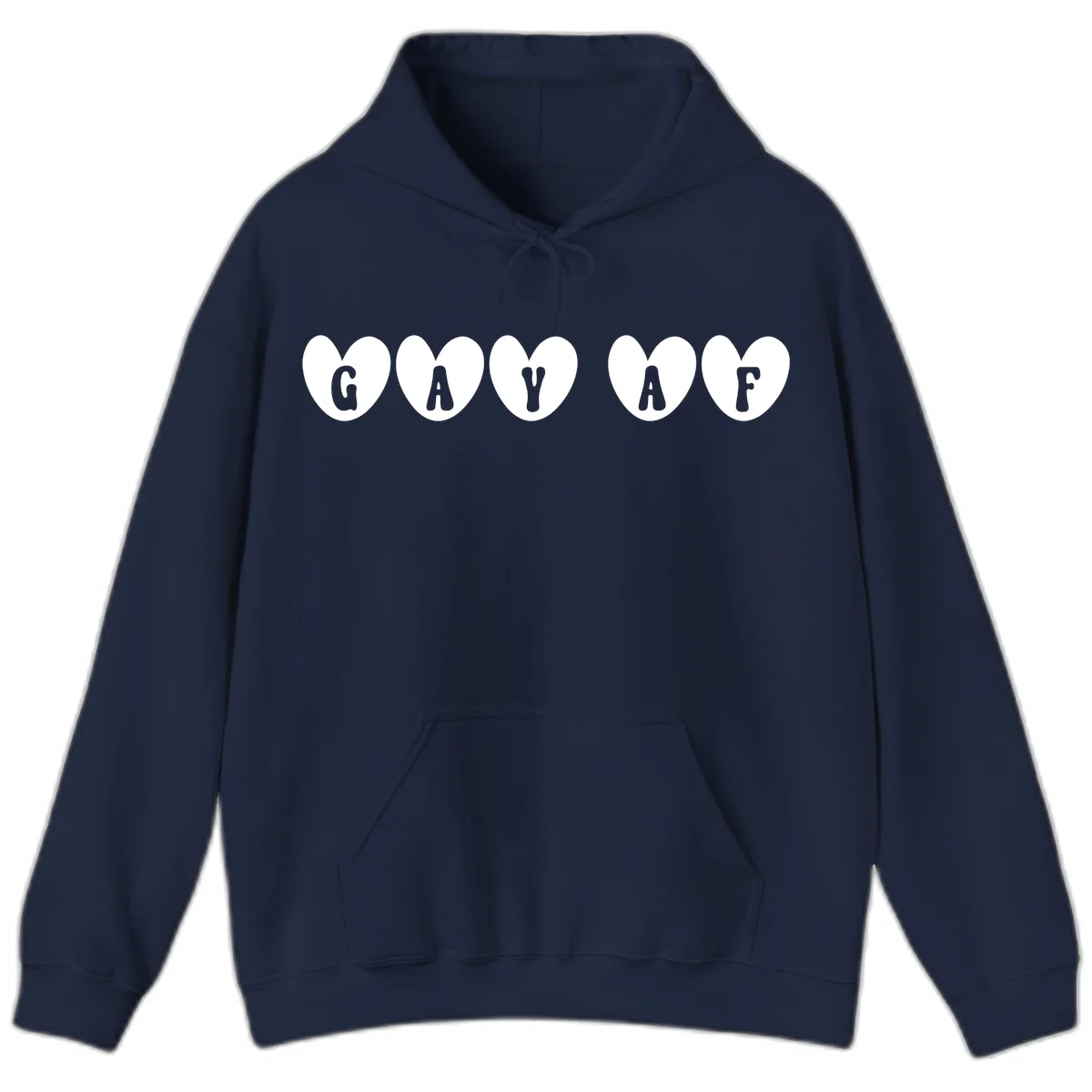 Five white hearts on gray background spelling GAY AF with bold letters - gay af pride hearts design in Navy