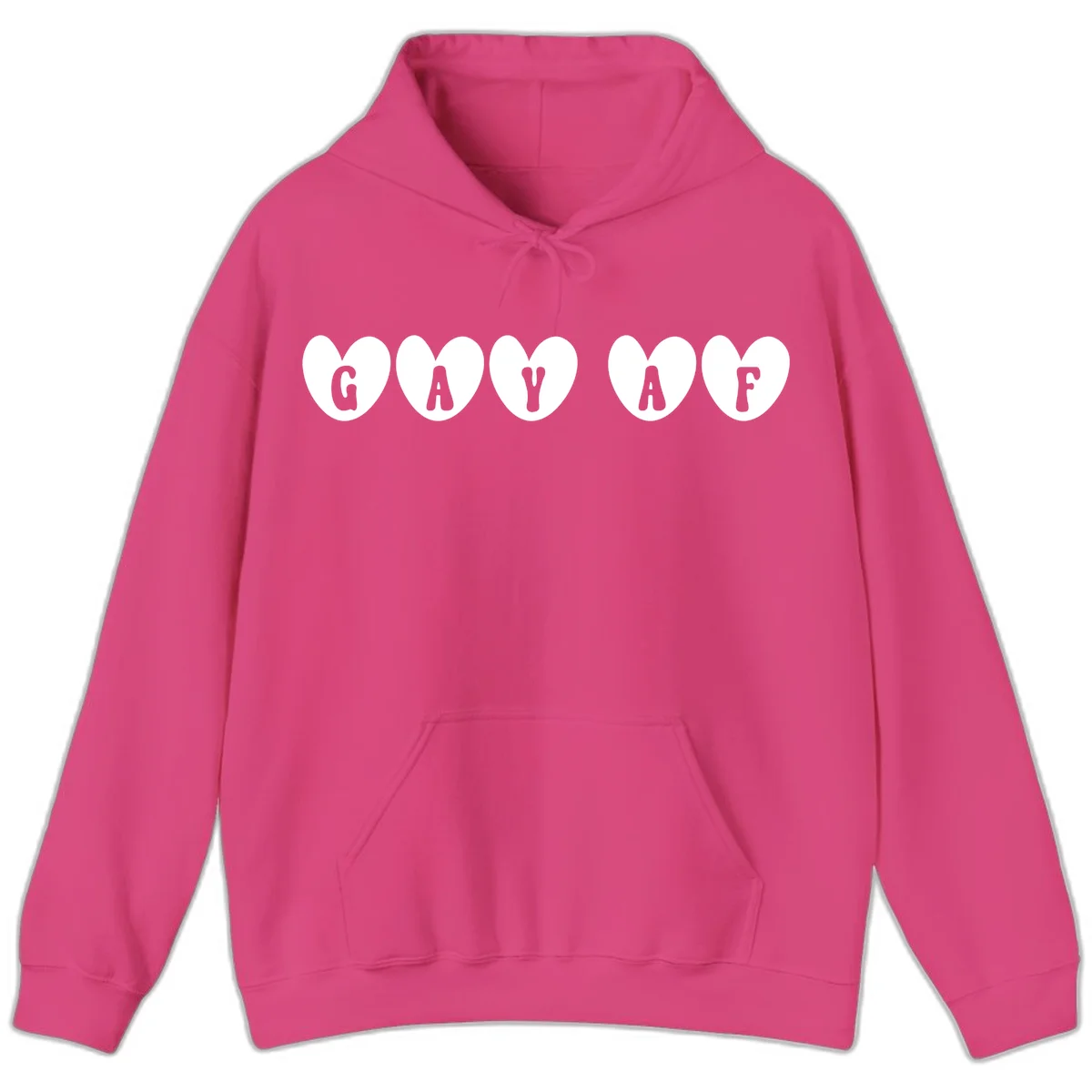 Five white hearts on gray background spelling GAY AF with bold letters - gay af pride hearts design in Heliconia