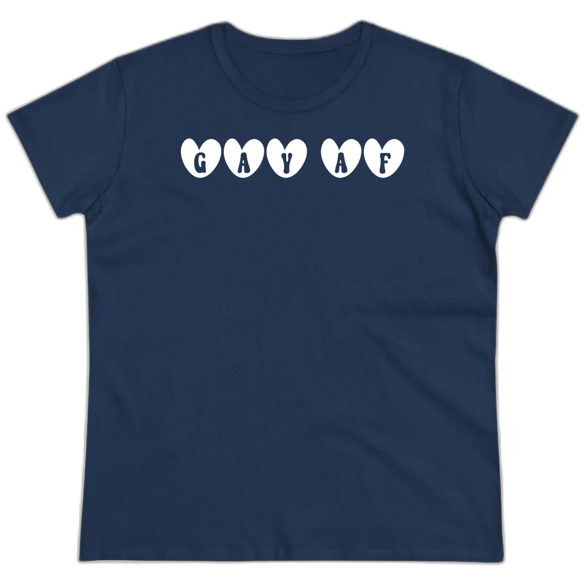 Five white hearts on gray background spelling GAY AF with bold letters - gay af pride hearts design in Navy