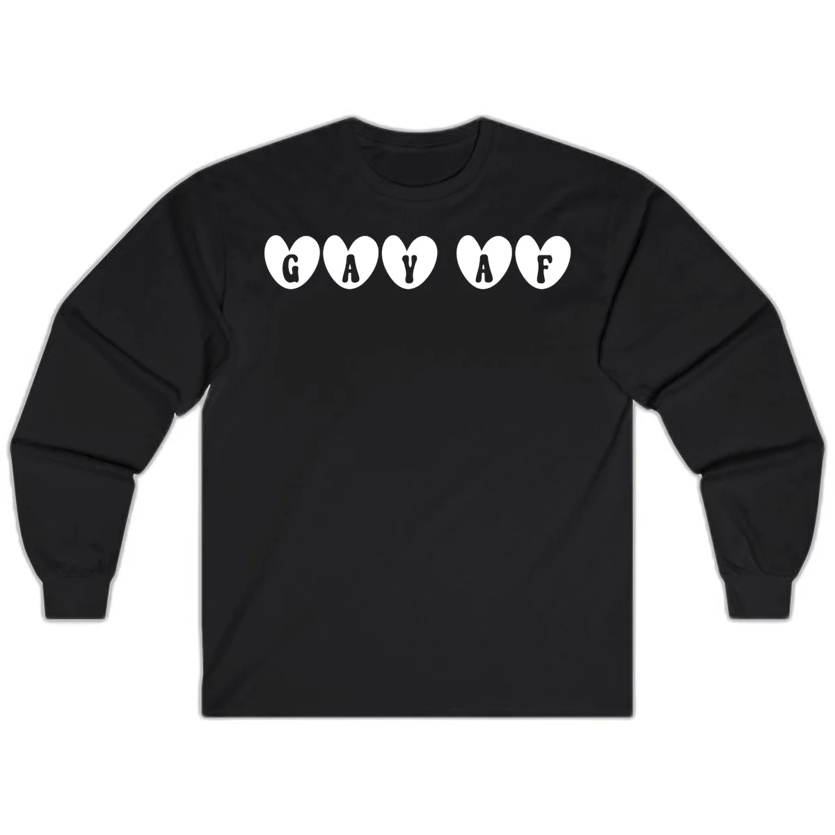 Five white hearts on gray background spelling GAY AF with bold letters - gay af pride hearts design in Black