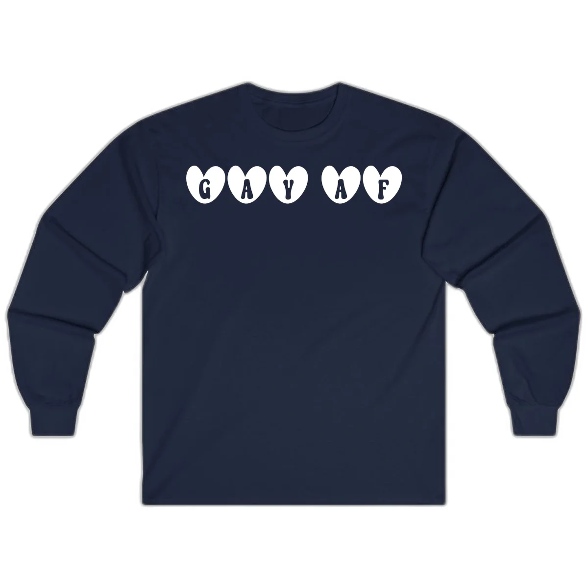 Five white hearts on gray background spelling GAY AF with bold letters - gay af pride hearts design in Navy