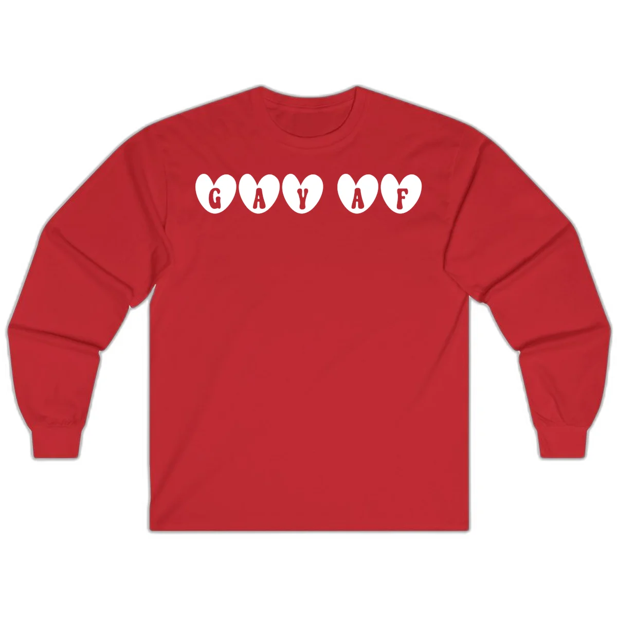 Five white hearts on gray background spelling GAY AF with bold letters - gay af pride hearts design in Red