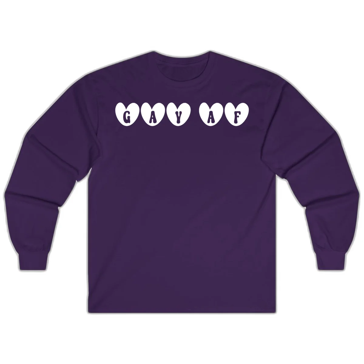 Five white hearts on gray background spelling GAY AF with bold letters - gay af pride hearts design in Purple