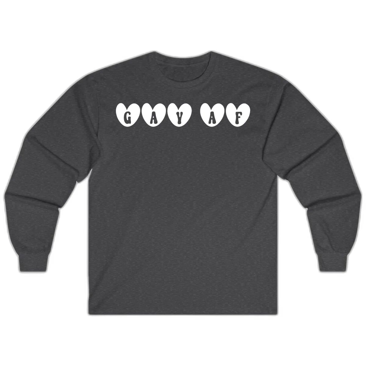 Five white hearts on gray background spelling GAY AF with bold letters - gay af pride hearts design in Dark Heather