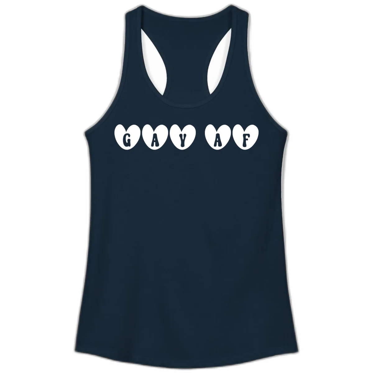 Five white hearts on gray background spelling GAY AF with bold letters - gay af pride hearts design in Solid Midnight Navy