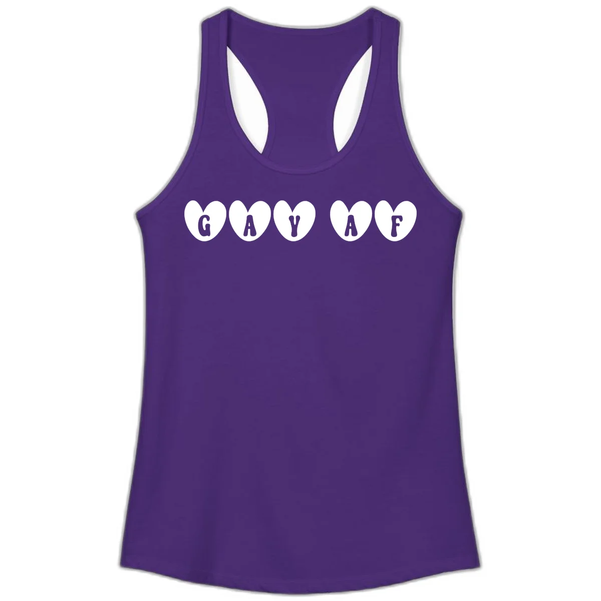 Five white hearts on gray background spelling GAY AF with bold letters - gay af pride hearts design in Solid Purple Rush