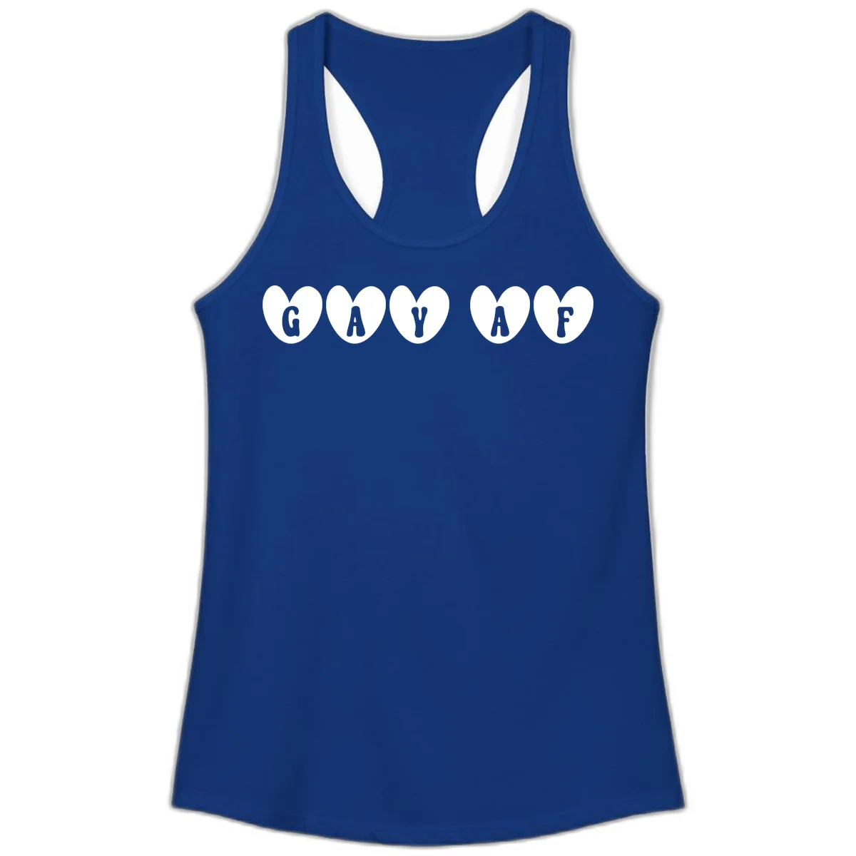 Five white hearts on gray background spelling GAY AF with bold letters - gay af pride hearts design in Solid Royal